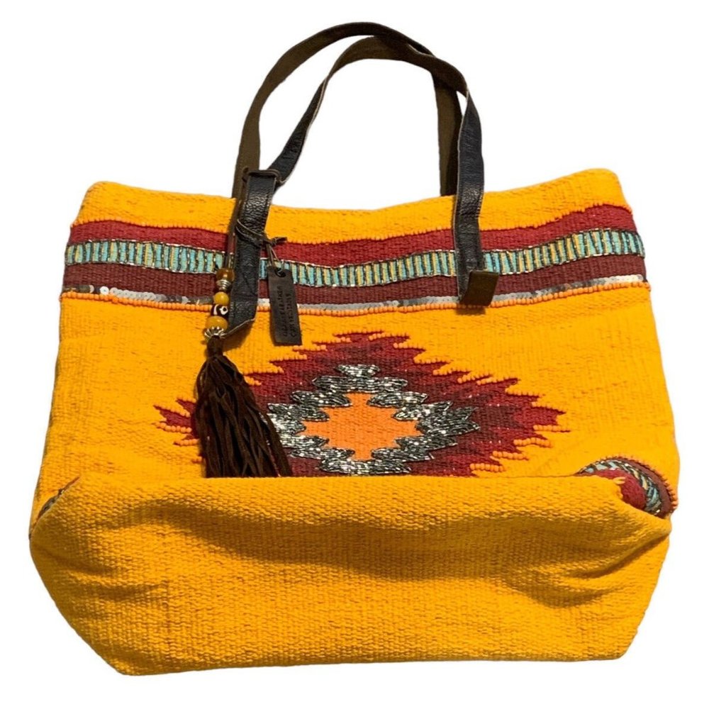 Aldo Multicolor Beaded India Boho Tote Crocheted Bag Leather Straps Snap Closure - Picture 2 of 5